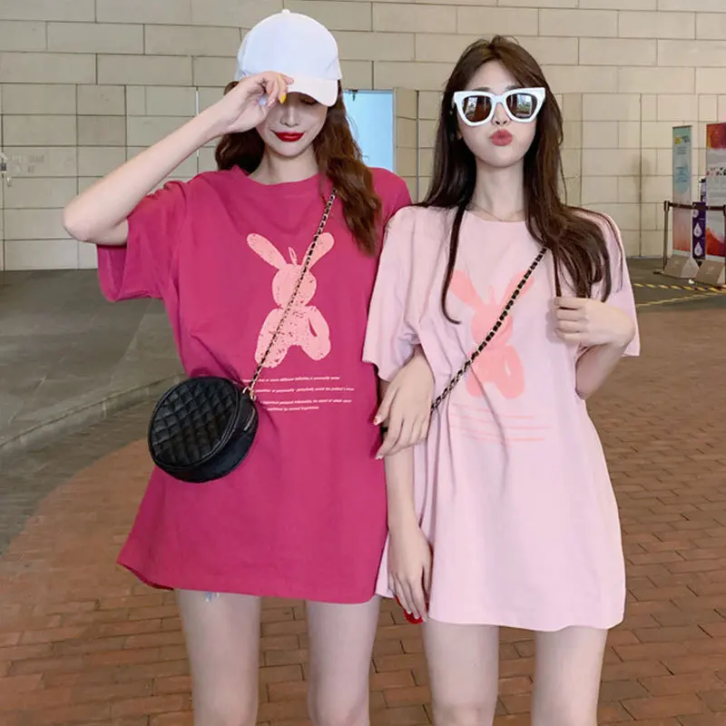 Summer New Style Women's Clothing Pink Rabbit Printing Fashion Trends T-shirt O-neck Large Size Loose Women's Top Tees