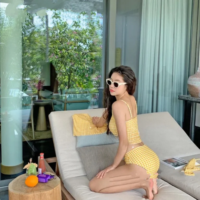 MiYA Women's Bikini Swimsuit Yellow Plaid Vintage Sle Beach Thermal Vaion Cover up Slimming Design Sport Fitn Fan Gear