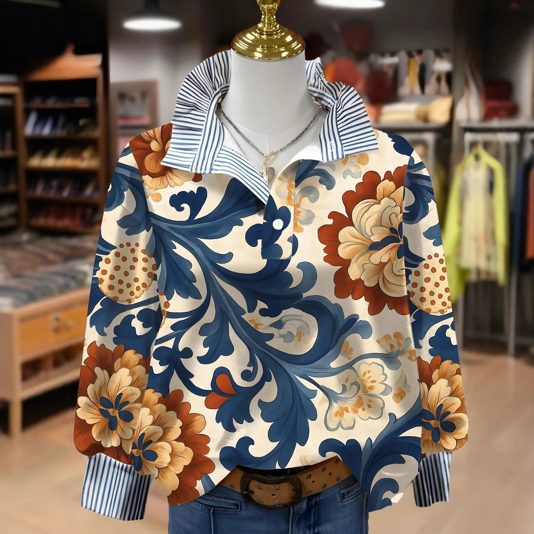 Women's Long-sleeve Blouse Poinsettia Print Blouses Ruffled Collar Button Front Top Oversized Fit Long Sleeve Christmas Tree