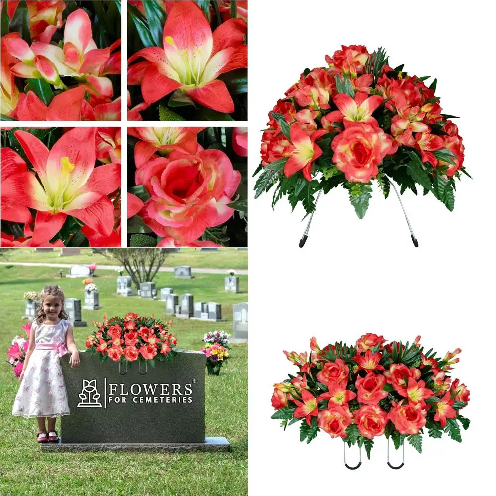 

30 Artificial Cemetery Lowers - Grave Site Lowers with Coral Gladiolus, Roses, and Lilies