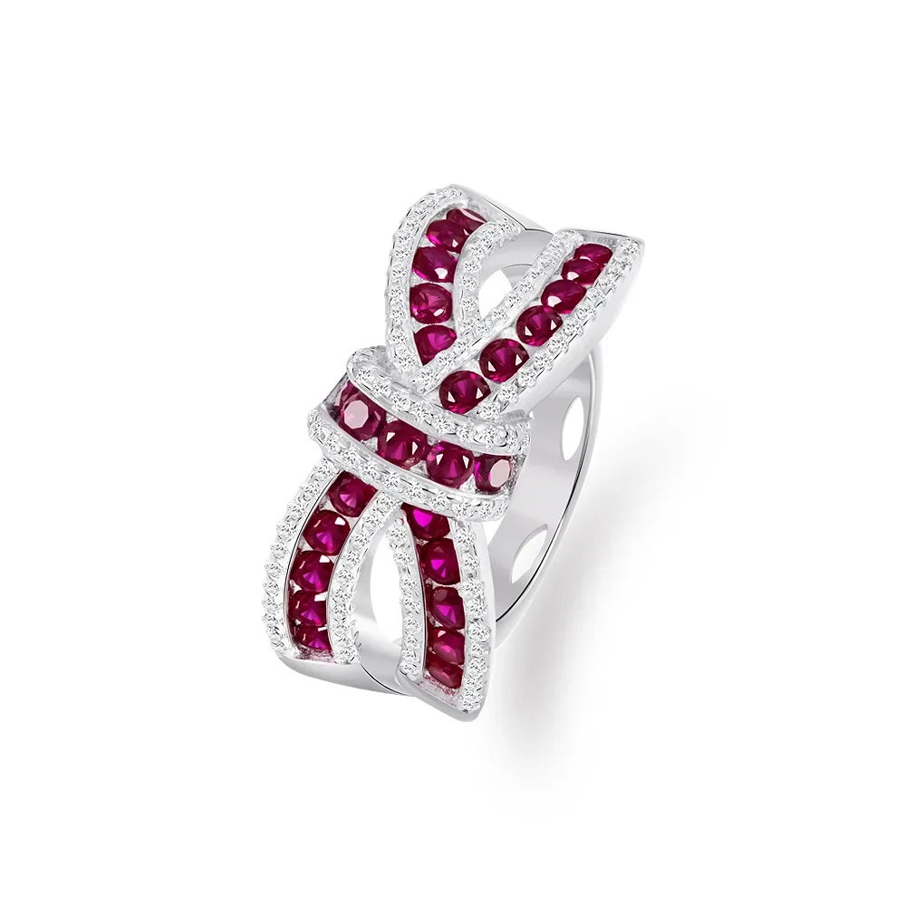 

2025 S925 Silver Circular 2mm Dynamic Bow Cultivation Ruby Ring 0.15 Carat Light Luxury Full Diamond Ring Wedding Jewelry