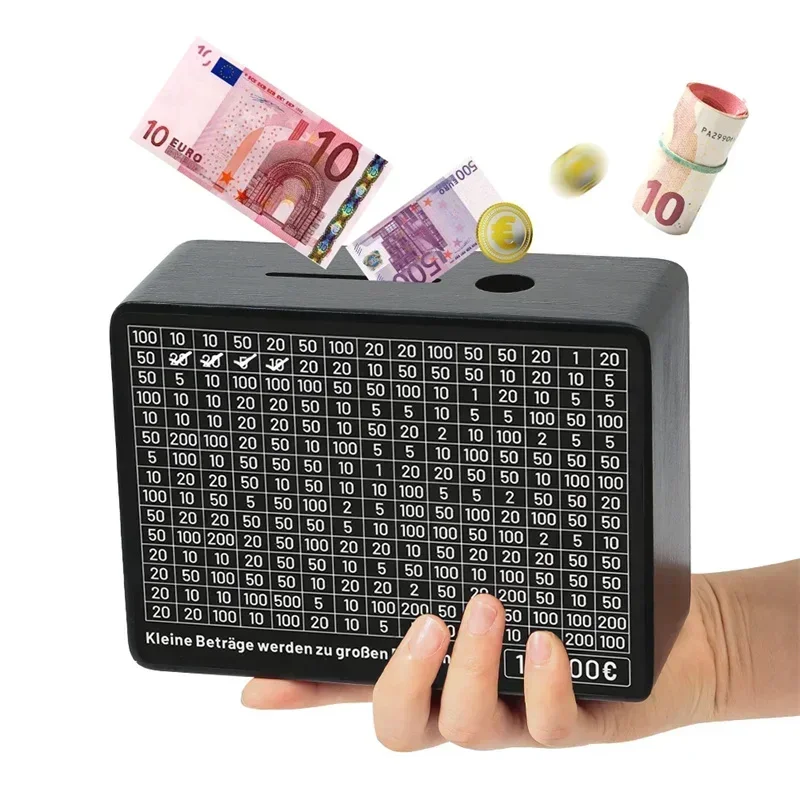 Black Wooden Piggy Bank with Counter, Save Money Box, Coin Bank with Paper Saving Goals and Numbers for Saving Euros