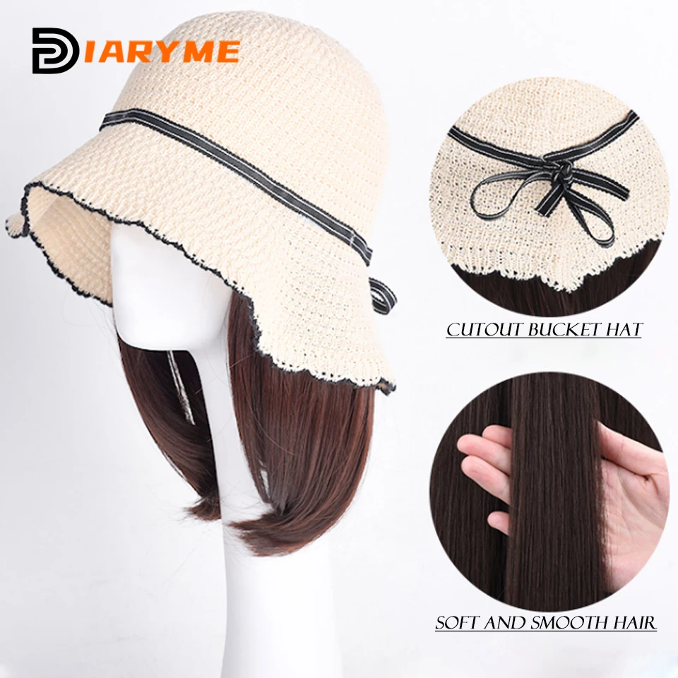 Hat Wig Synthetic Short Straight Bob Hair Natural Wig Black Hat Wigs Cap With Hair Connect Fisherman\'s Hat Hair Extension Sun Vi