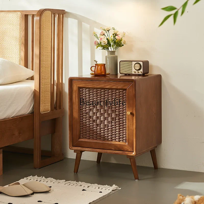 ld 38 Wabi Sandy Wind Solid Wood Rattan Bedside Table Furniture Retro Style Bedroom Simple Storage Cabinet