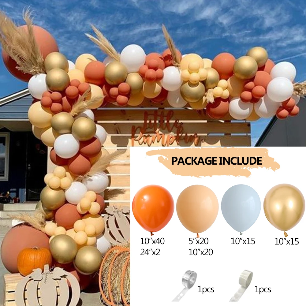 114Pcs Little Pumpkin Baby Shower Balloon Garland Kit Burnt Orange Apricot Chrome Gold Ballons for Autumn Fall Party Decorations