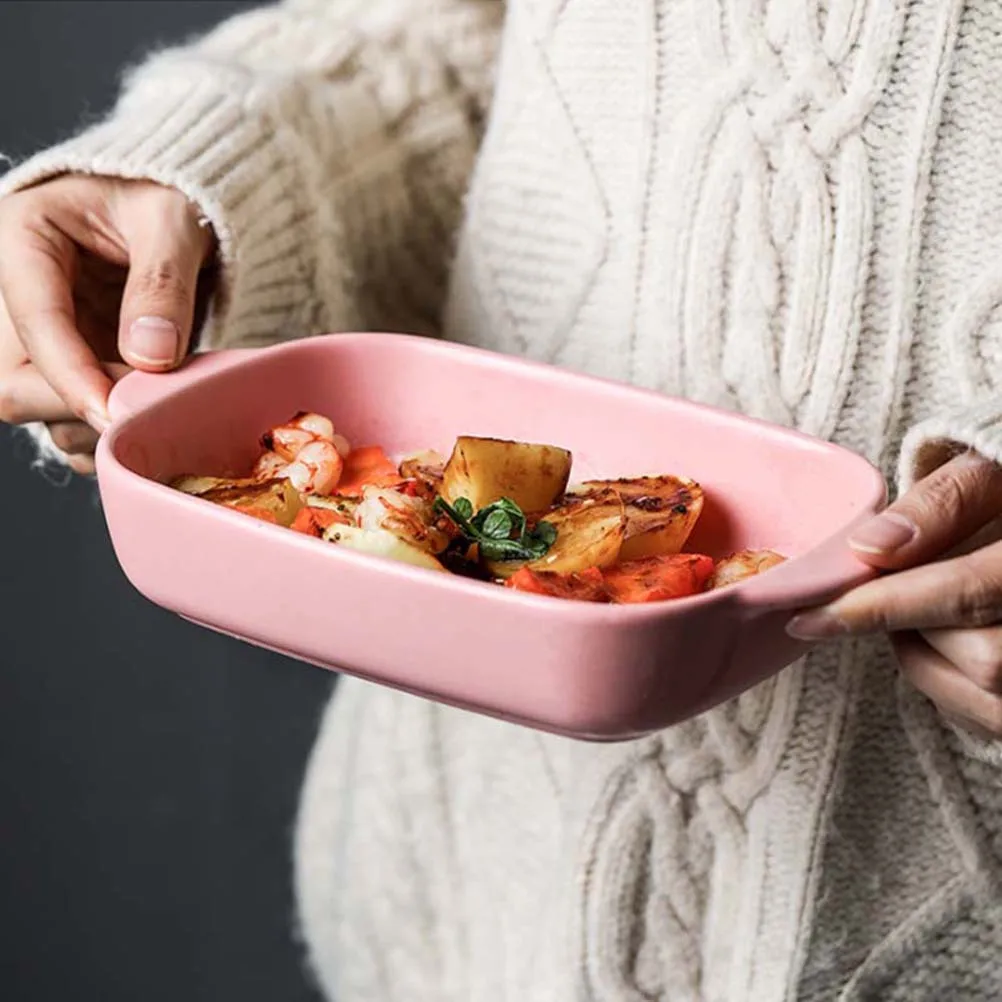 

1Pcs Ceramic Baking Tray Pink Handle Oven Microwave Freezer Safe High Temperature Resistance Pan for Cake Meat Bread
