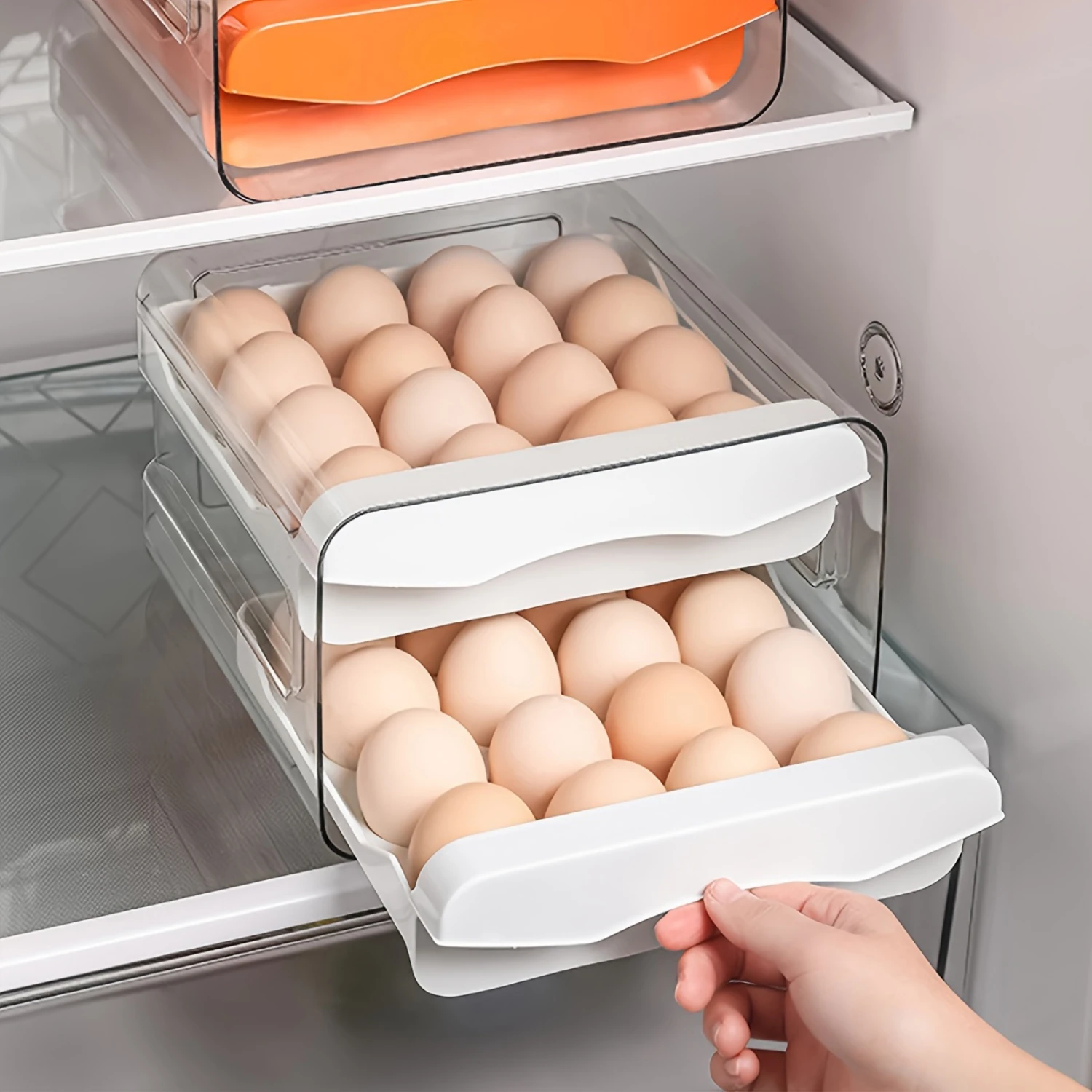 32-Grid Double Layer Egg  Haven - Clear, Stackable Plastic Drawer Box with Lid - Modern  Organizer for Effortless Freshness Main