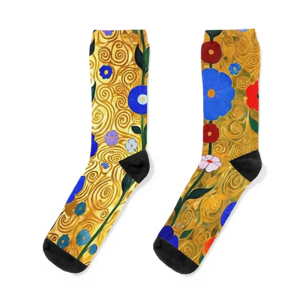 Gustav Klimt Flowers with Gold Socks cool designer men cotton high quality Designer Man Socks Women's