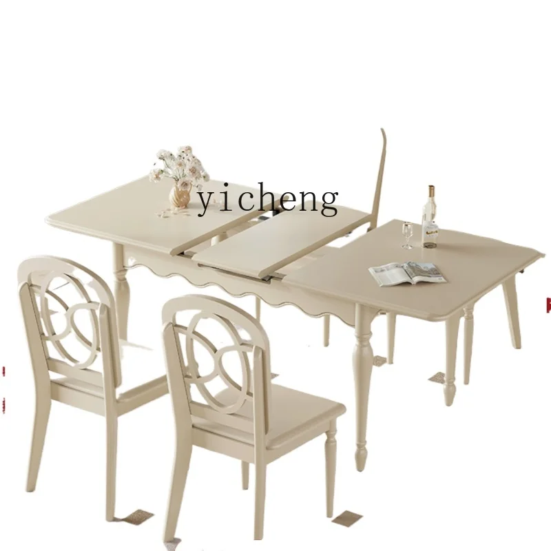 

ZK Solid Wood White Retractable Rectangular Dining Tables and Chairs Set Cream Style Small Apartment Home Dining Table