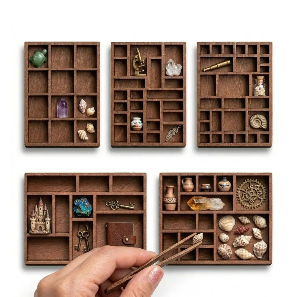 Wooden Mini Jewelry Holder Multi Compartments Miniature Crystal Miniature Trinket Shelf Ore Specimen Storage Dollhouse Shelf