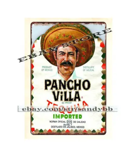 Letrero Metálico de Aluminio para Cafetería, Bar de Licores, Restaurante o Pub con Diseño de Pancho Villa Tequila