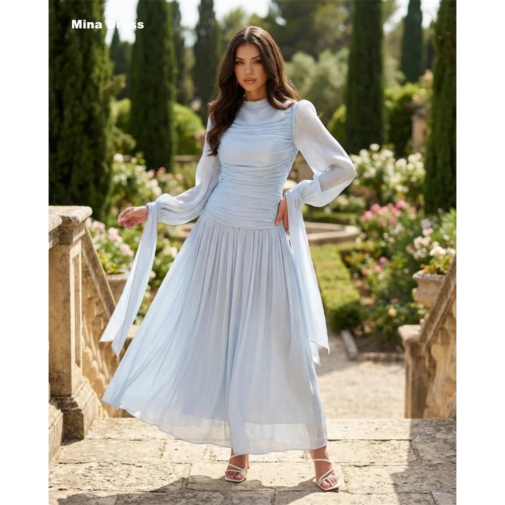 

Mina Customized Light Blue Formal & Evening Gowns Pleated Long Sleeves Luxurious Evening Dresses for Special Occasions Party