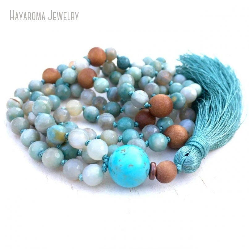 10Pcs Silk Tassel Japamala Aqua Blue Agates Sandalwood Mala 108 Bead Stone Mala Yoga Meditation Bead Necklace