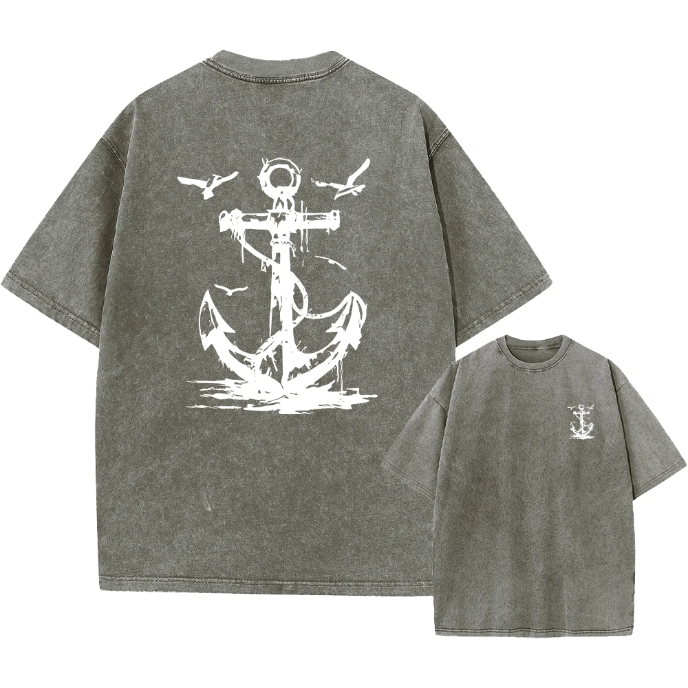 Summer Heavyweight Pure Cotton Washed Distressed Short Sleeved Men's Loose Anchor Print Retro High Street Crew Neck T-Shirt