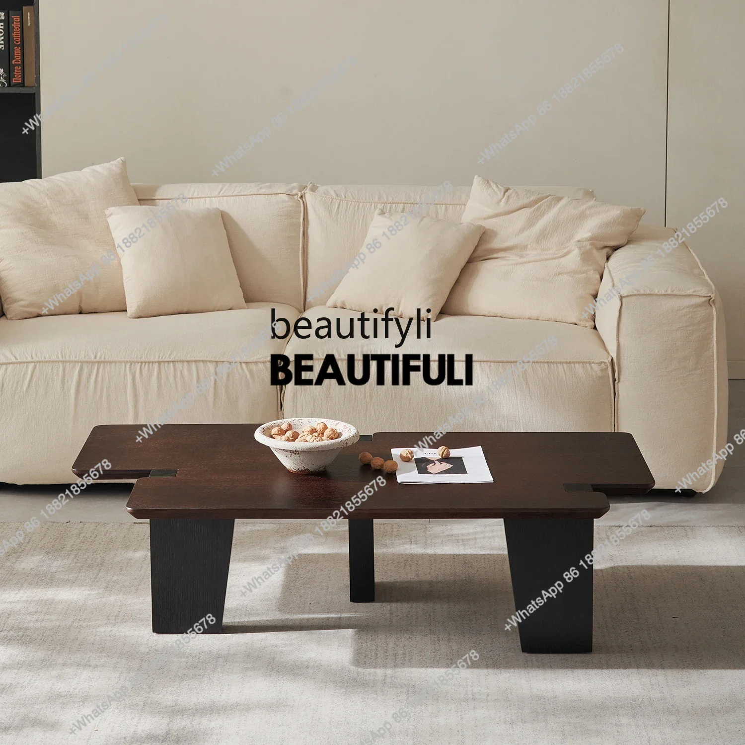 ss8350 minimalist irregular smoked wood color coffee table living room, modern minimalism, wabi-sabi special-shaped coffee table