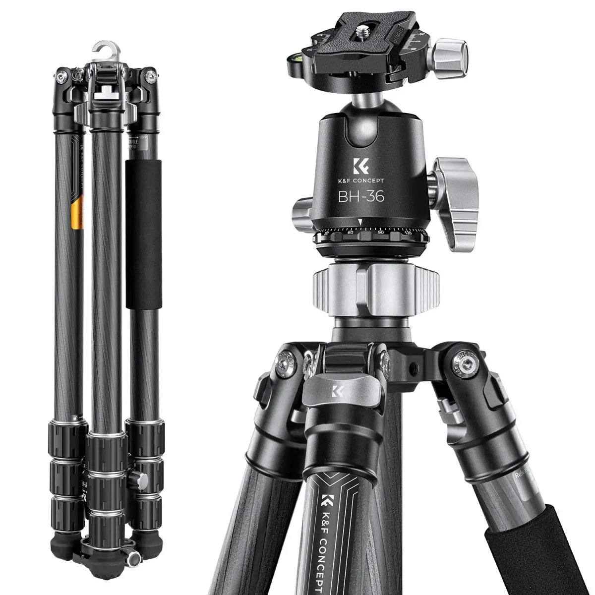 K&F Concept 68\'\'/1.7m Carbon Fiber Camera Tripod Professional Photography Tripod with 36mm Metal Ball Head Capacity 16KG/35.2lbs