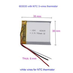 2pcs 3.7v 700mah 2.59Wh Rechargeable Li Lithium Battery 603035 Li-ion NTC 3-wires For DashCam GSP Bluetooth Speaker Headphones