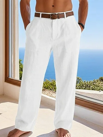 New Summer Linen Men's Straight-Leg Trousers with Drapey Texture, Formal Style for Daily Commute, Casual Pants for Seaside Vacat