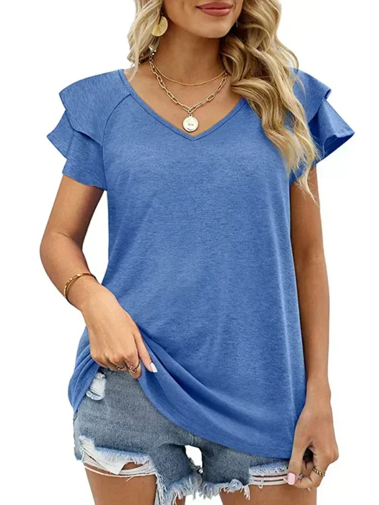 Camisetas de manga corta con cuello en V y volantes para mujer, tops sueltos informales para el verano