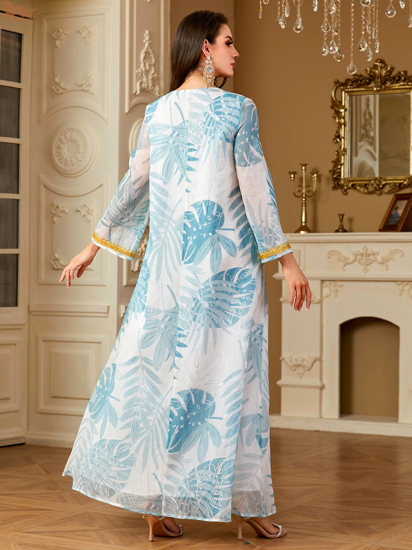 Uni New Dubai Jacquard Maxi Abaya Bordare Caftano Musulmano Abito con maniche a rete Scollo a V 2025
