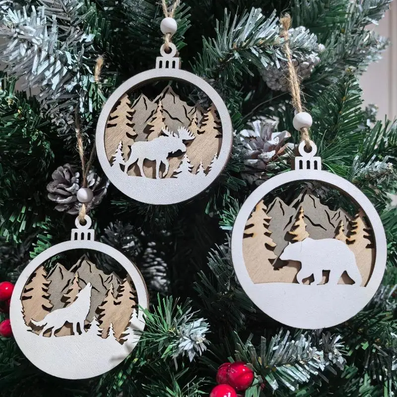 Rustic Wildlife Wood Cutout Hanging Decor Layered Hollow Mountain Bear Wolf Elk Bauble Winter Holiday Tree Decoration