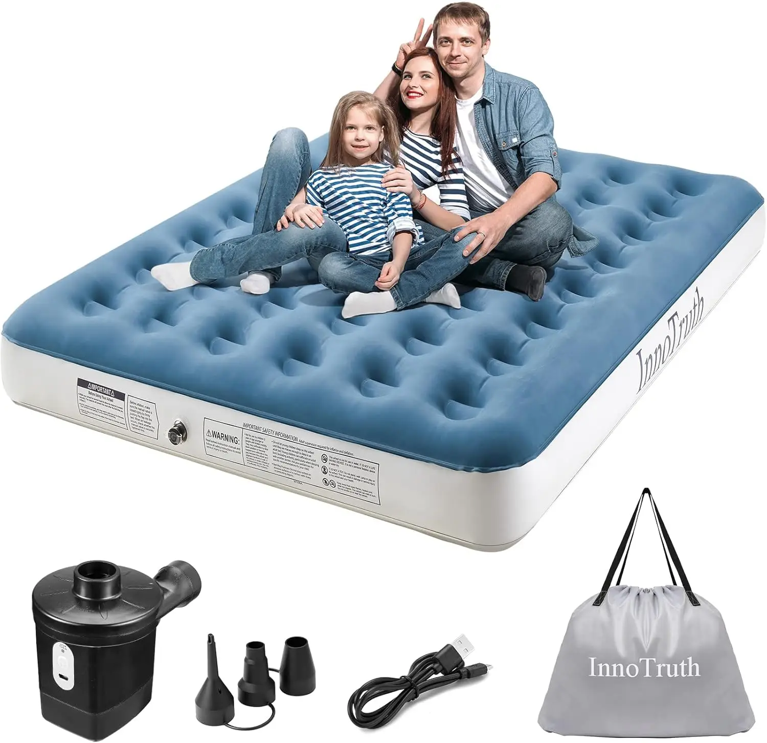 

Queen Camping Air Mattr Bed, Rechargeable Handheld Electric Pump, Raised Elevated Blow Up Mattresses, Portable And Foldable Bed