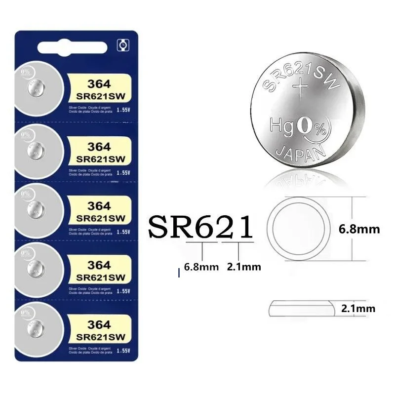 Batería alcalina para reloj, pila de botón de 10-364 piezas, AG1 SR621SW, 100 V, LR621, LR60, 1,55, embalaje Individual, 164