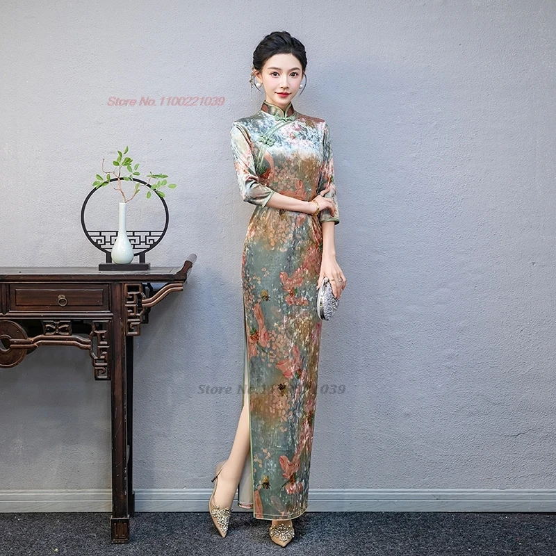 Vestido vintage chino cheongsam mejorado con estampado de flores nacionales, vestido de terciopelo para actuación en escenario, vestido de noche para banquete, 2024