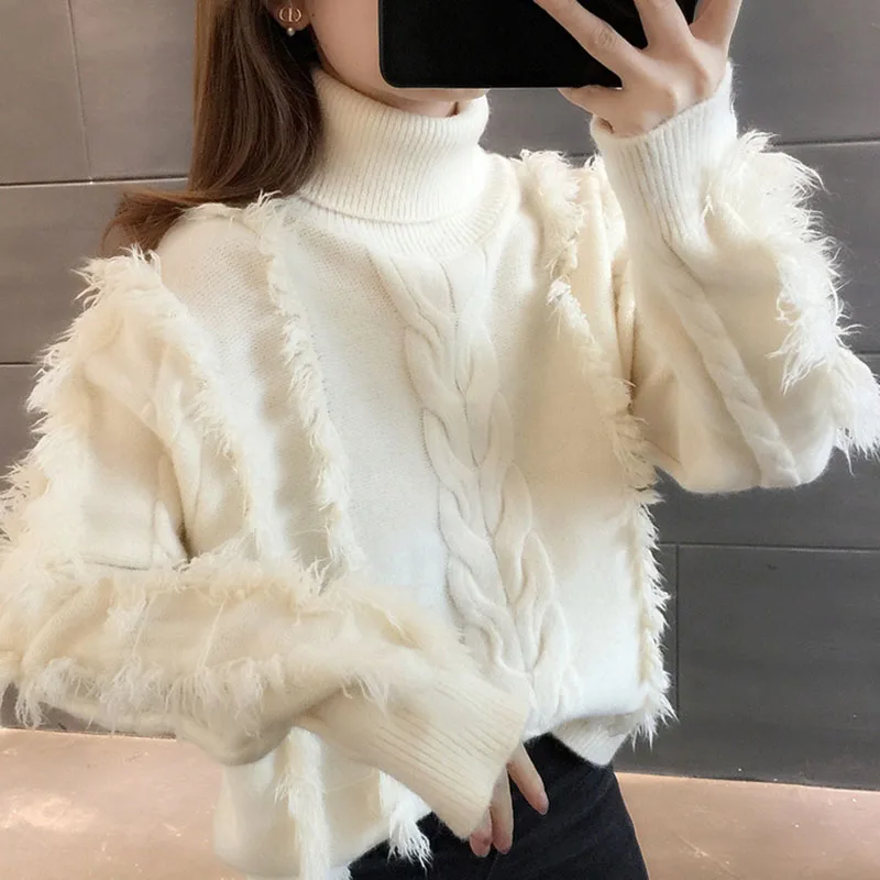 Faux Mink Thicken Stylish Sweater Women 2023 Spring Fashion Chic Knitted Pullover Jumpers Long Sleeve O-neck Loose Soft Tops