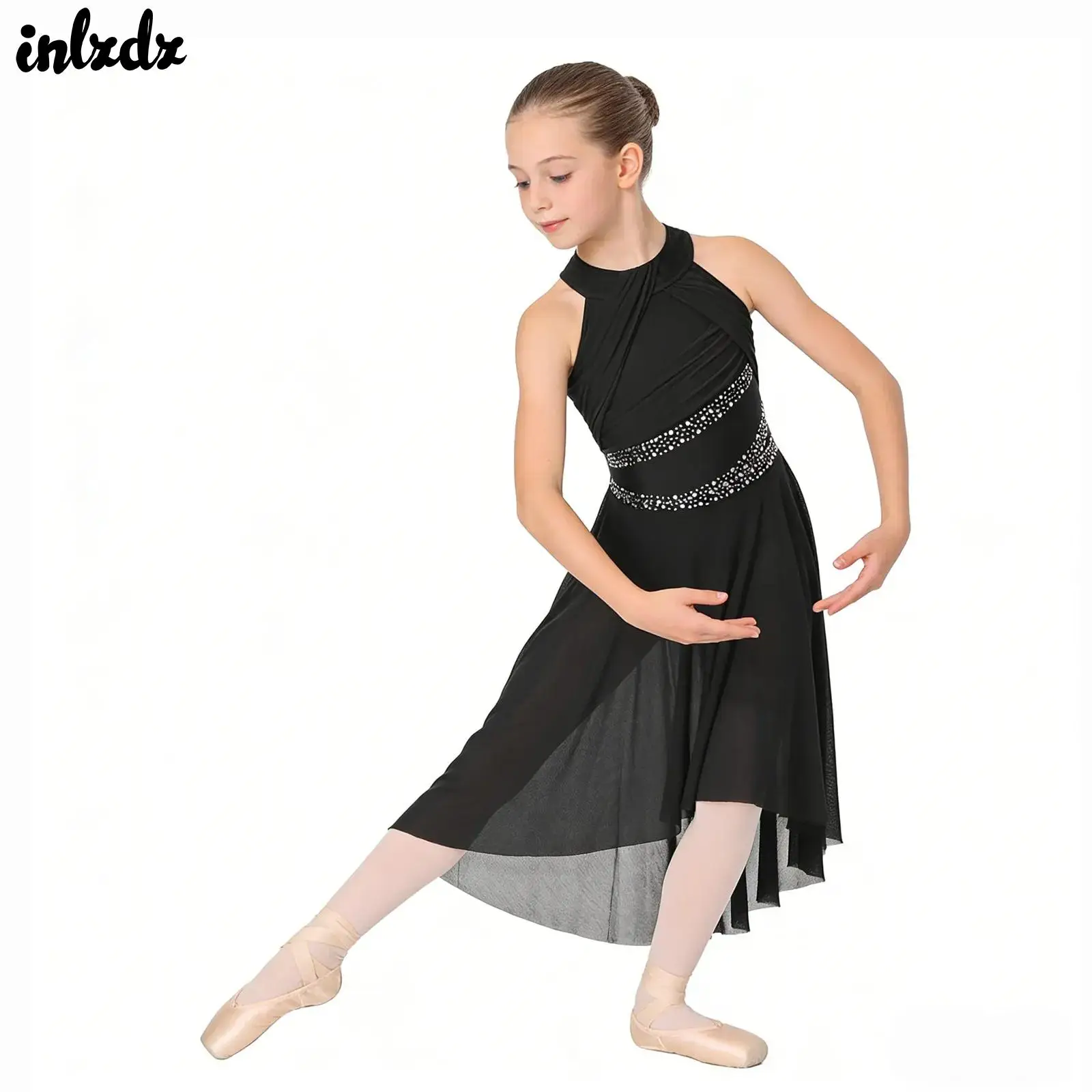 

Платье для балета для девочек: шифоновое, без рукавов, с сетчатыми вставками и стразами, для лирических и современных танцев, костюм-платье с драпировкой и стразами, леотард-платье