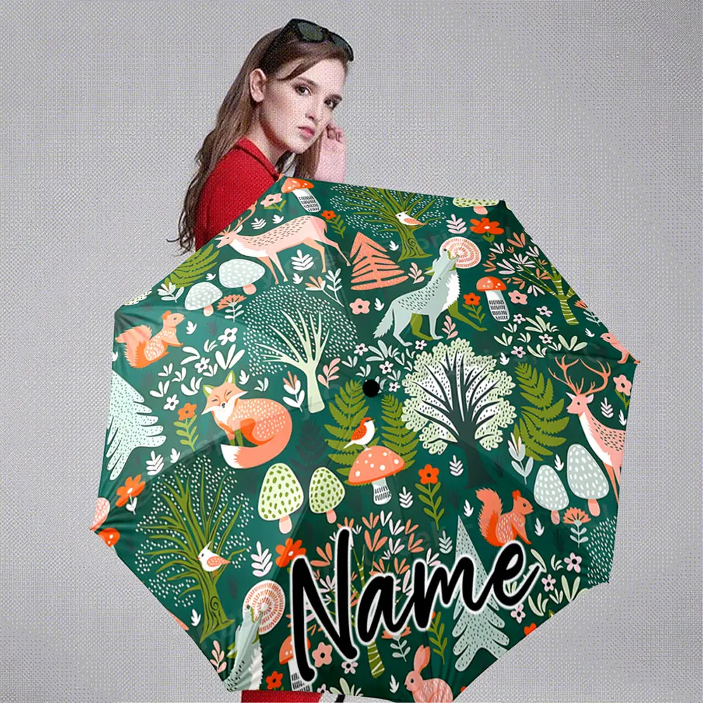 Custom Name Umbrella Nordic Forest Animals 8 Iron Ribs Folding Umbrella Auto-Open Fashion Sunshade