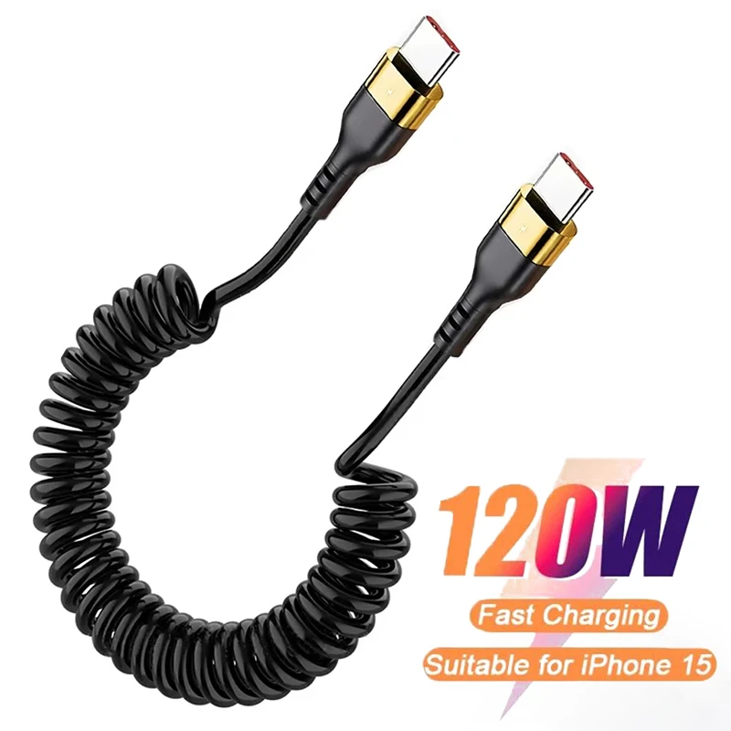 PD 120 W Typ C auf Typ C Federdatenkabel Schnelllade-Spiralkabel für iPhone 15 Serie iPad Laptop Flexibler USB-C-Ladekabel