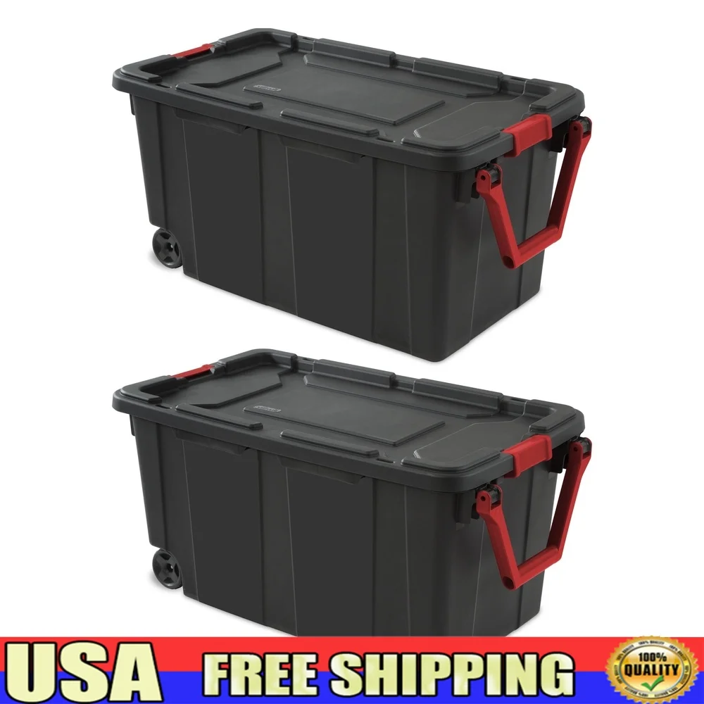 

Extra Large Wheeled Storage Bins Set of 2 Heavy Duty Plastic Containers with Secure Lid Camping Equipment and Garage Storage