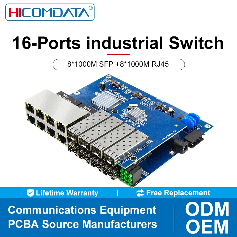 16-Ports Industrial Switch PCBA 8*1000M fiber optical port and 8*100/1000M RJ45 ports Fiber optical port Support 1*9 module