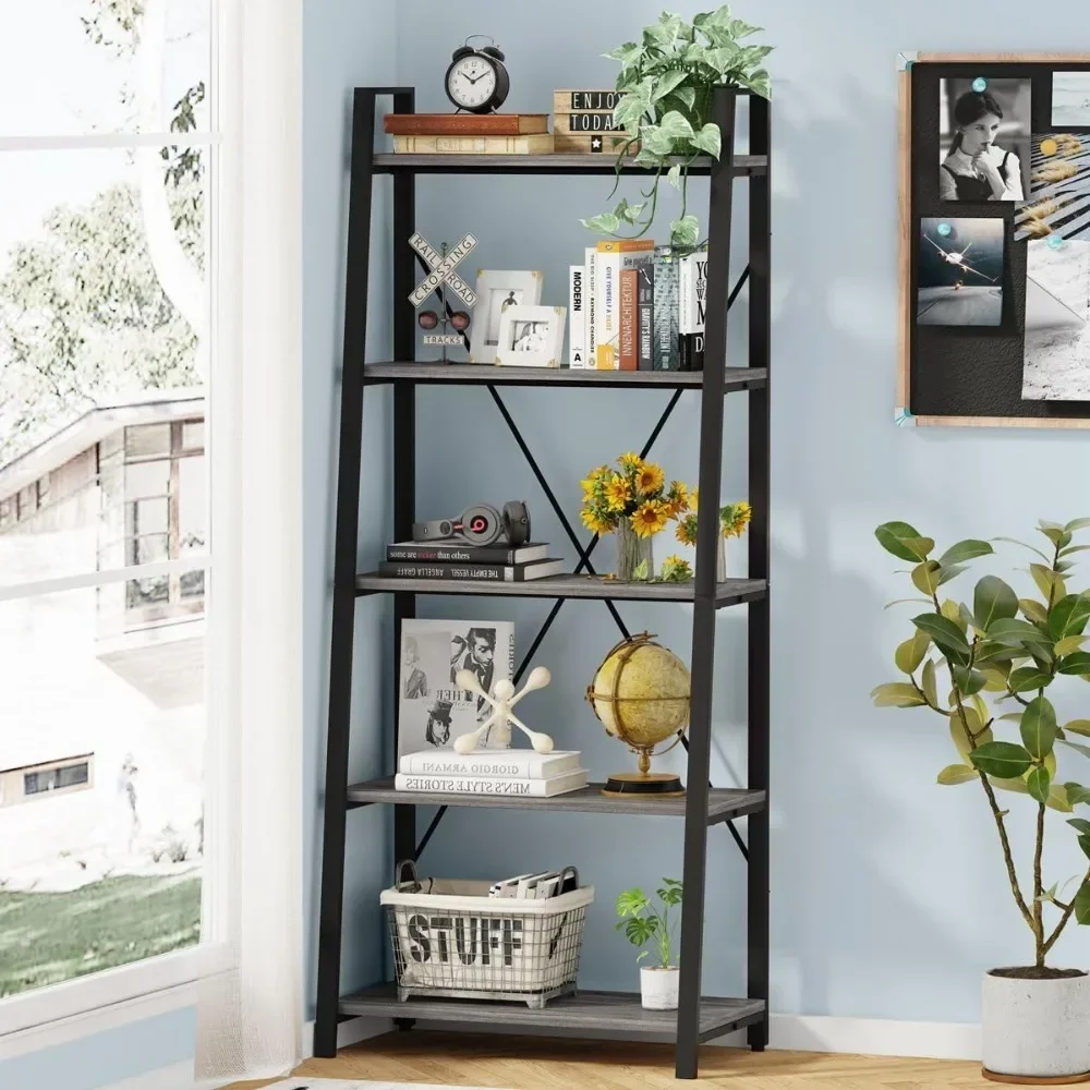 Bookcases, Industrial Leaning Bookcase, Wood and Metal Ladder Bookshelf for Living Room, Kitchen,Dark Grey Oak Bookcases