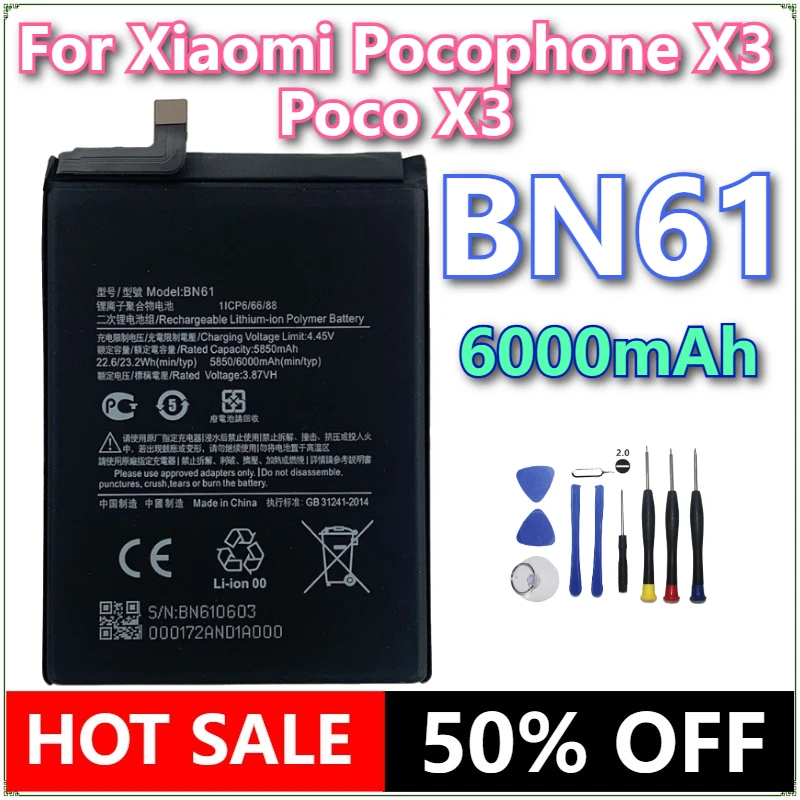 

Совершенно новый аккумулятор мобильного телефона BN61 6000 мАч для Xiaomi Pocophone X3 Poco X3, сменные аккумуляторы для телефона + инструменты