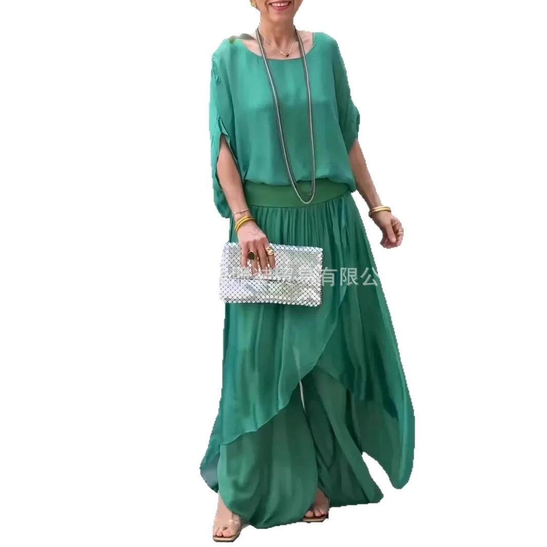 2025 verão moda feminina cor sólida casual na moda solta 2 peça conjuntos de chiffon o pescoço manga curta camisetas calças de perna larga