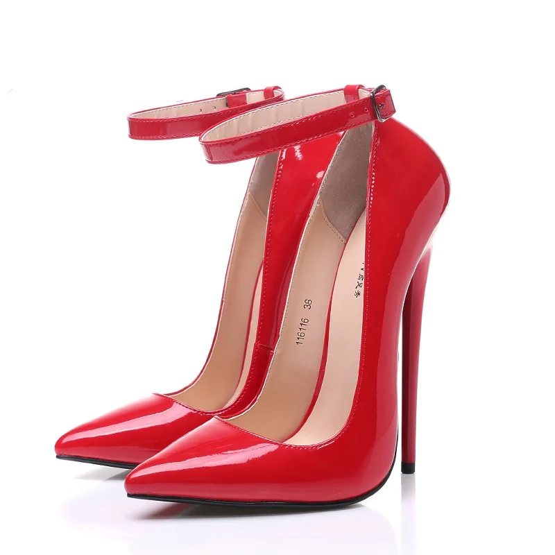 FHANCHU 16cm Spring Sexy High Heels Women Pumps,Shallow Shoes,Patent Leather,Ankle Buckle Strap,Pointed Toe,Red,Black,Dropship