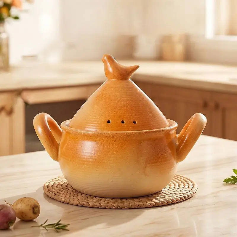 Bird‑shaped Lid Ceramic Casserole Pot Double Handle Heat‑Resistant Clay Pot Gas Stove Household Soup Stew Cooking Pot Kitchen