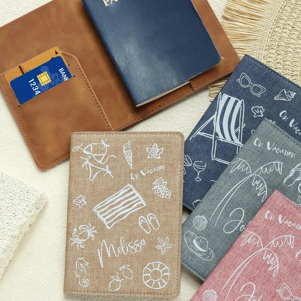 Custom Name Summer Vacation Themed Passport Cover Personalized Travel Print Pu Leather Passport Holder with Multi-Card Slots