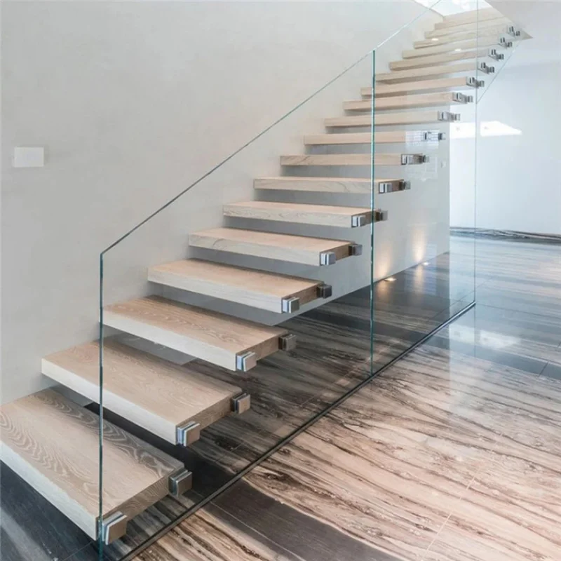 custom.Modern Indoor Floating Staircase Oak Wood with Wooden Treadboards and Glass Railing Stylish Straight Floating Design