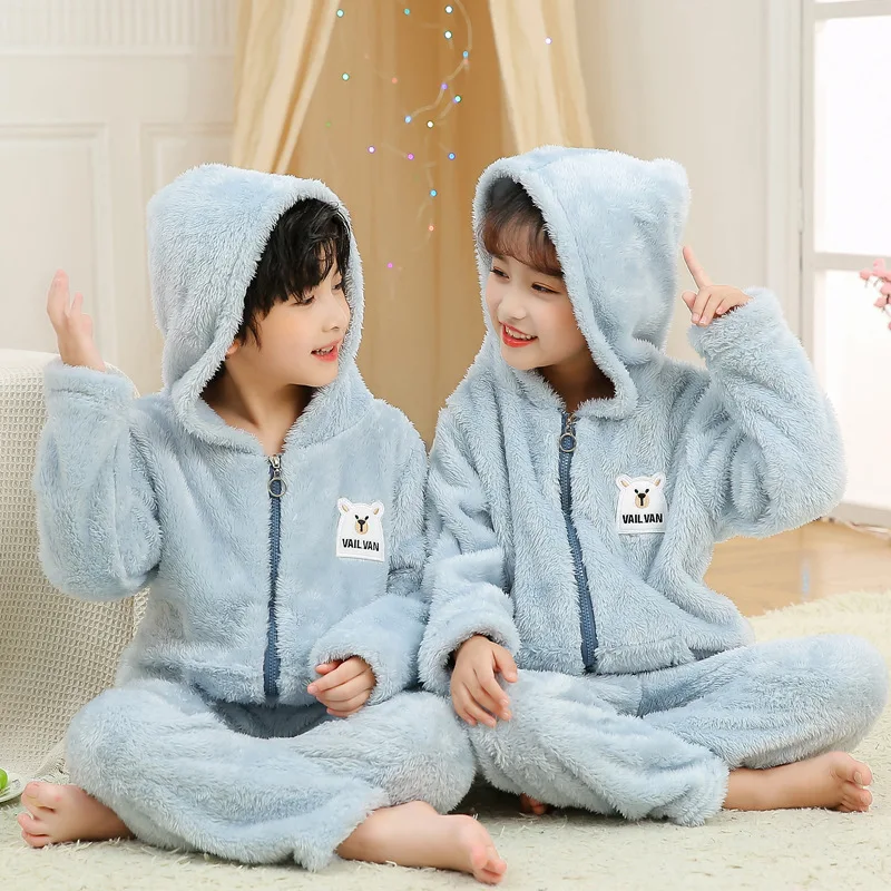 New 2022 Kids Boys Girls Autumn Winter Warm Cashmere Pajama Sets Hooded Long Sleeve Lapel Tops with Pants Sleeping Clothing Sets