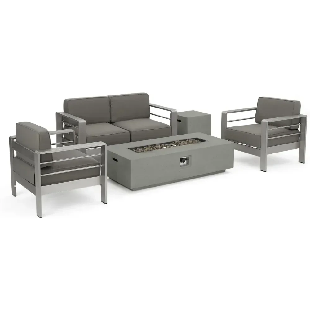 

Cape Coral Outdoor Chat Set with Fire Table, Khaki / Light Grey Patio Furniture Set Patio Chair, 5-Pcs Set