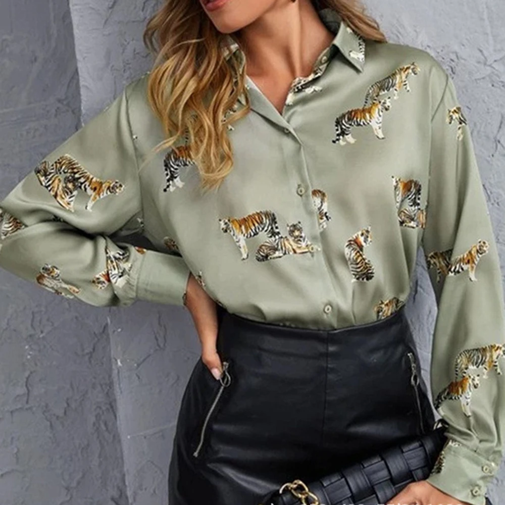 Office Elegant Tiger Print Shirt Blouse Women Casual Button Long Sleeve Shirts For Women 2023 White Slim Long Top Femme