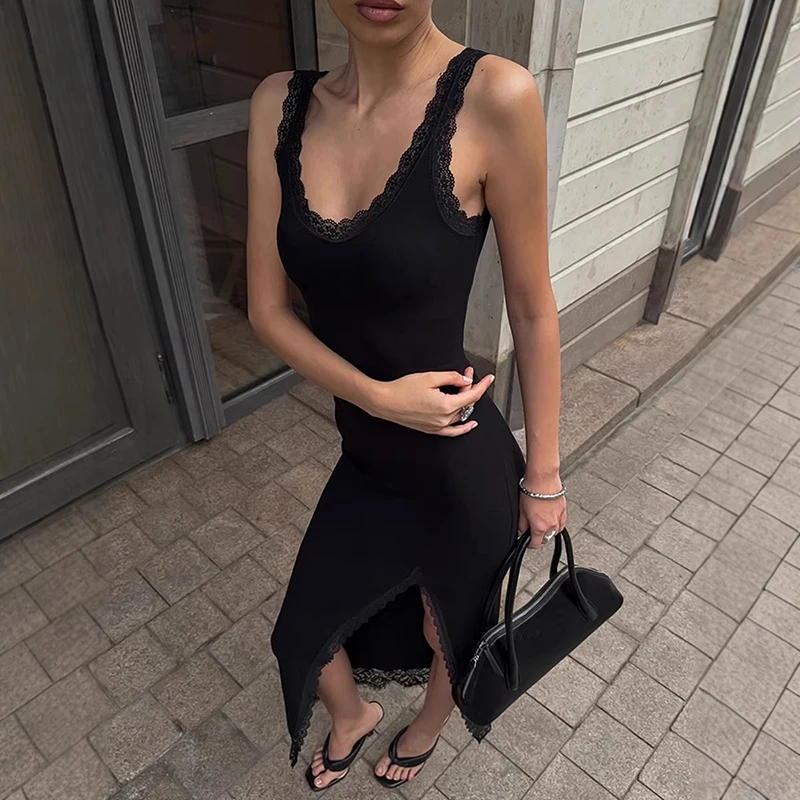 

Typhaland Fashion Slit Lace Long Dress For Women Sleeveless Slim High Waist Vacation Summer Dress 2026 New Black Party Clothes