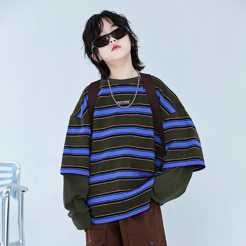 New Fashion Children Fake Two Pieces Sweatshirt for Teens Boy Casual Blue Striped Tops Korean Kids Stylish Cotton Autumn Clothes
