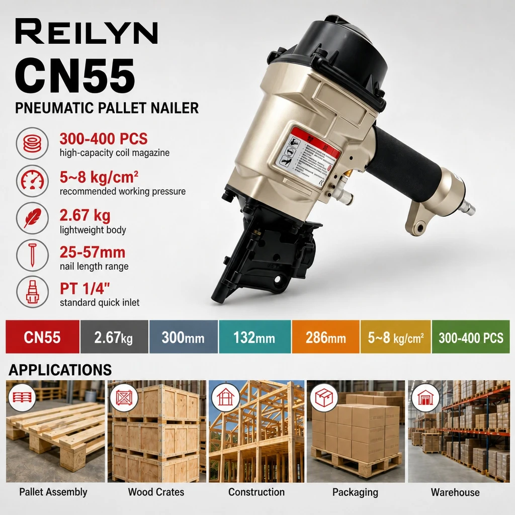 Coil Nailer Gun CN55PAL Industrial Automatic Nailing Machine for making Crating, Pallets, Board Pneumatic Tools