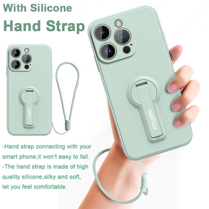 Silicone Phone Case with Camera Protector for iPhone 15 14 13 12 11 Pro Max Plus Mini Shockproof Cover with Stand and Hand Strap