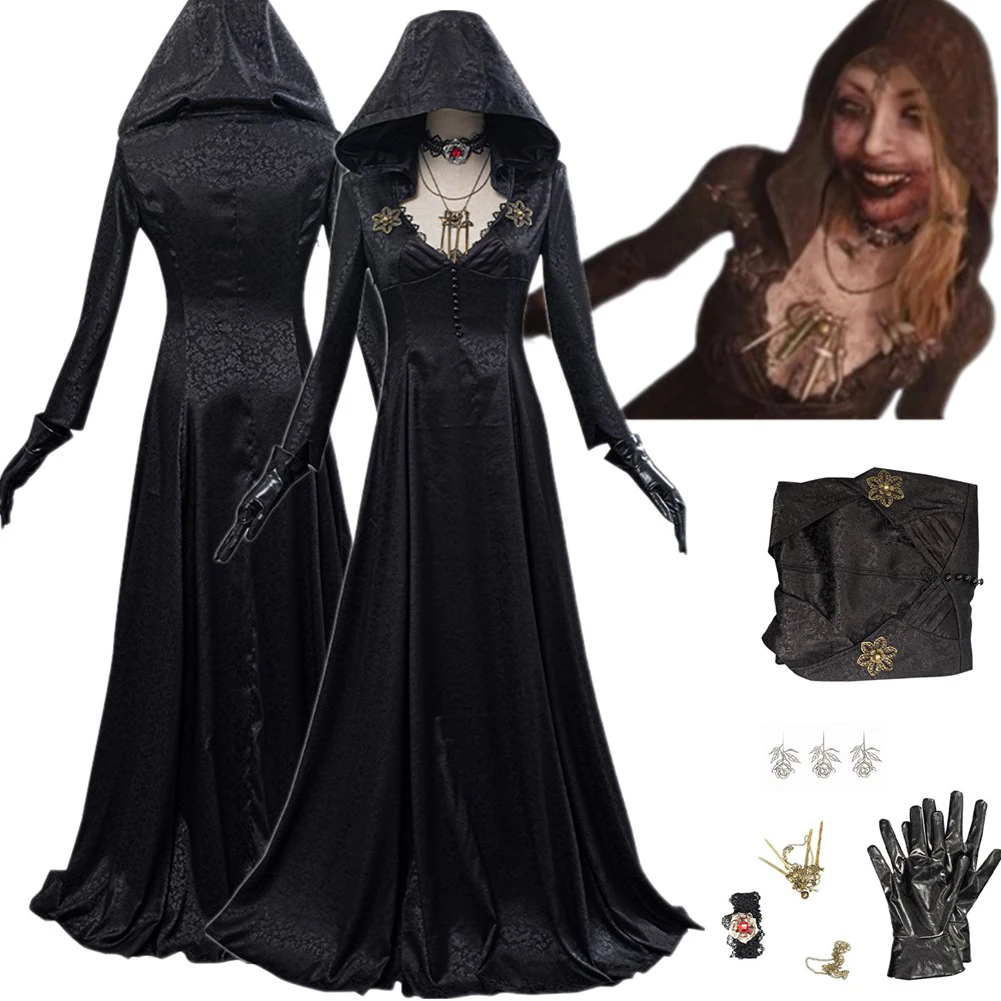 Evil Cosplay Costume Women Dress Girl Lady Halloween Necklace Earring Black Carnival Set Disguise Adult Suit Accessories