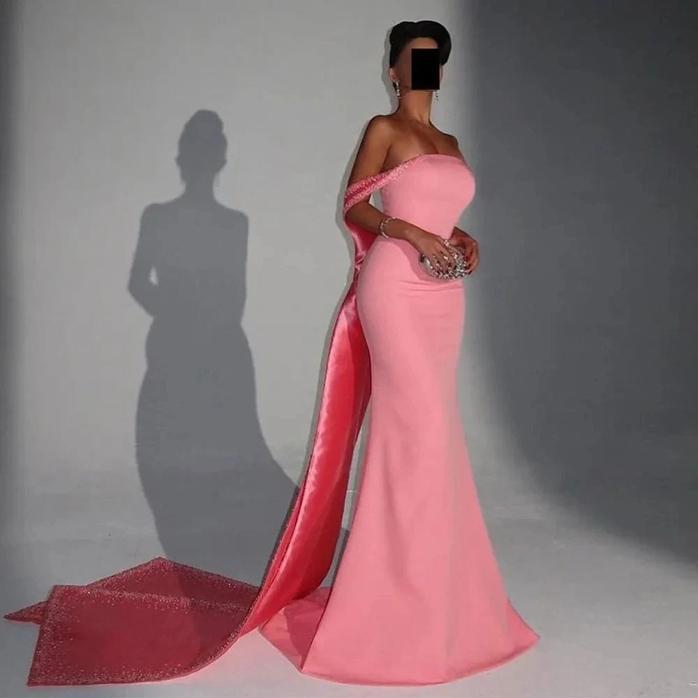 

2025 Sexy Pink Mermaid Prom Pageant Dresses Cape Sleeves Strapless Beading Crystal Formal Evening Party Gowns Robe De Soriee